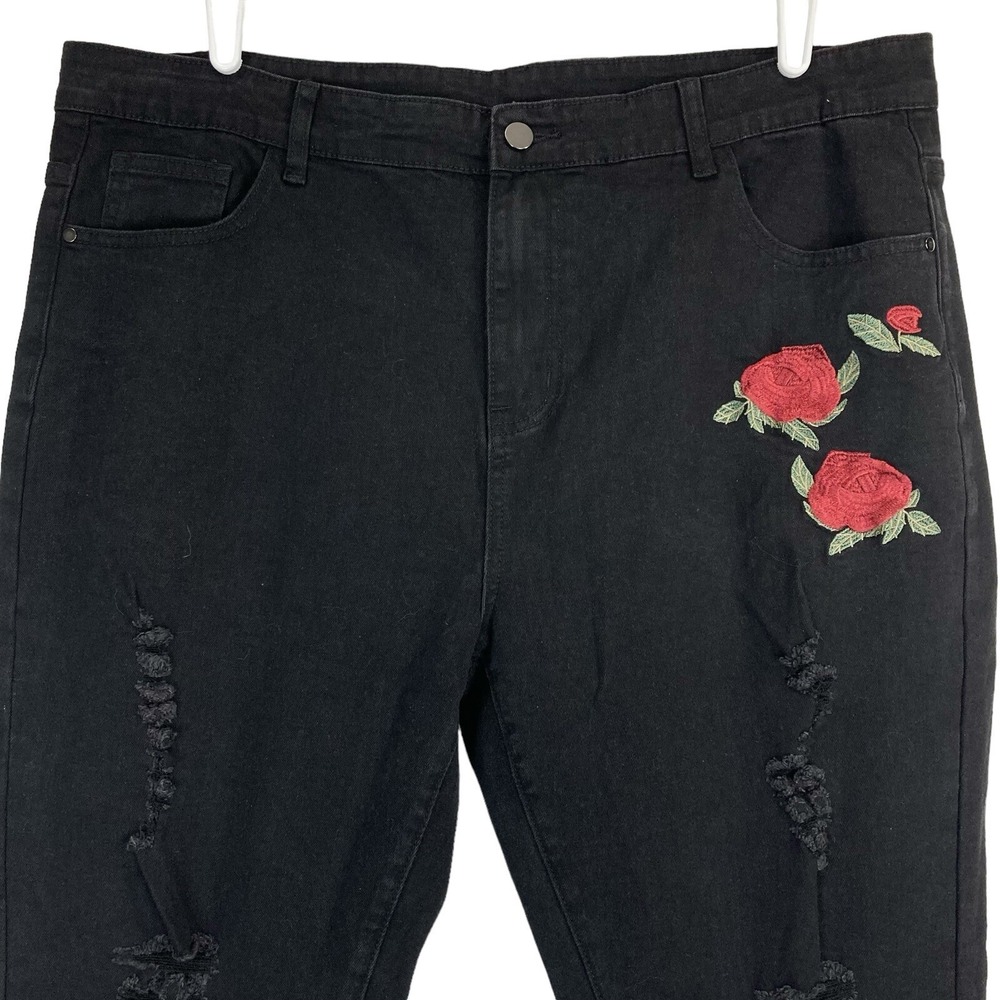 NWT MLANM Vogue Women Black Denim Jeans Plus 40 Distressed Embroidered Stretch - Picture 3 of 11